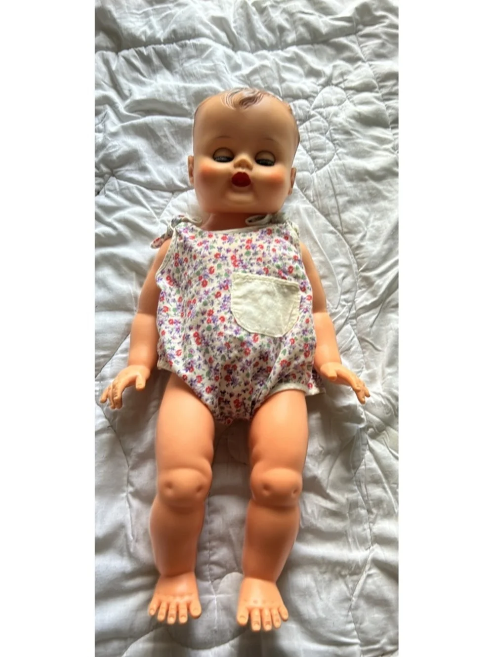 Vintage Baby Doll with Floral Romper and Moving Eyes